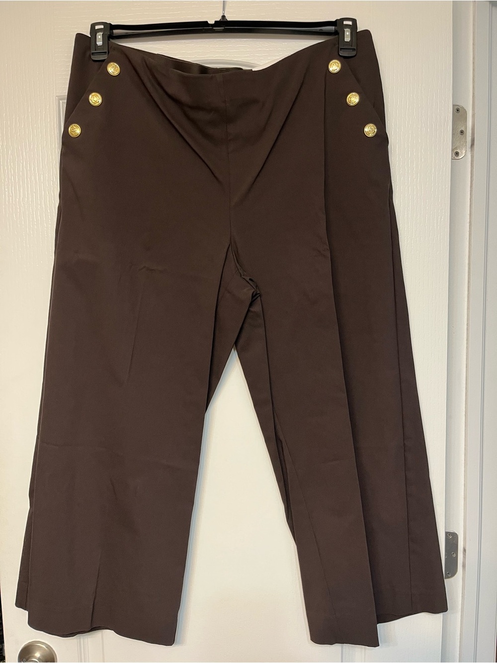 Chico's Chocolate Brown Wide-Leg Crop Sailor Pants with Gold Buttons Size 3